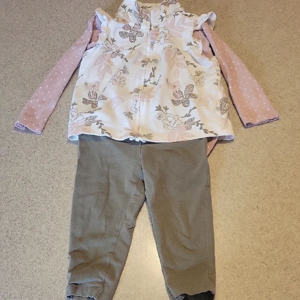 Carter's Floral Vest Pink Polka Dot Long Sleeve Bodysuit & Green Pants 24 MONTHS